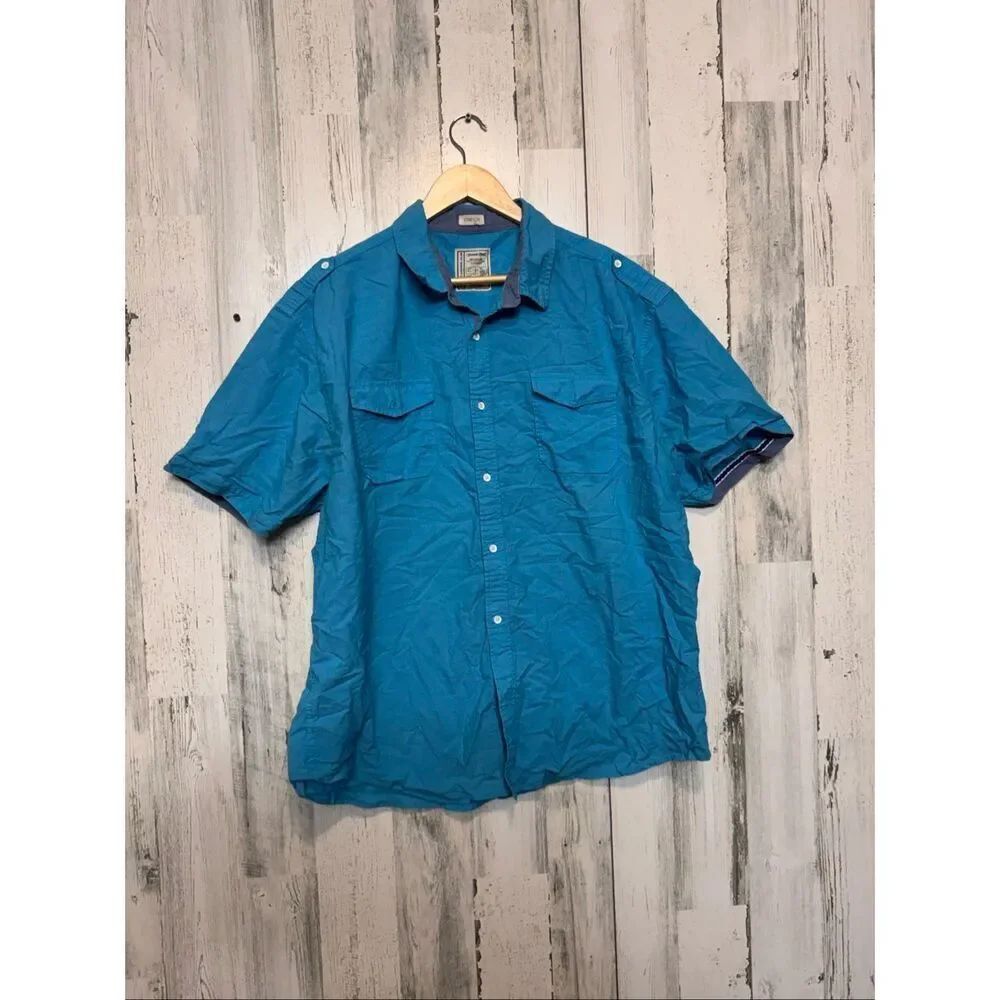 Men’s Teal Short Sleeve Button Up Shirt 2XL Stretch Casual Summer